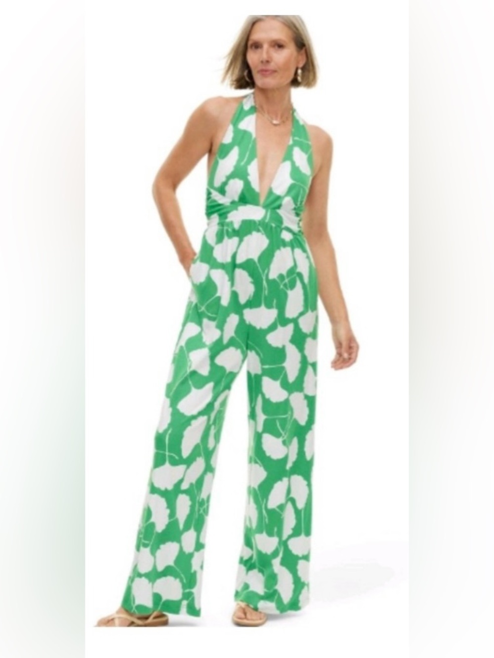 NWT Diane Von Furstenberg Green and White Halter-Style Wide-Leg Jumpsuit, size L